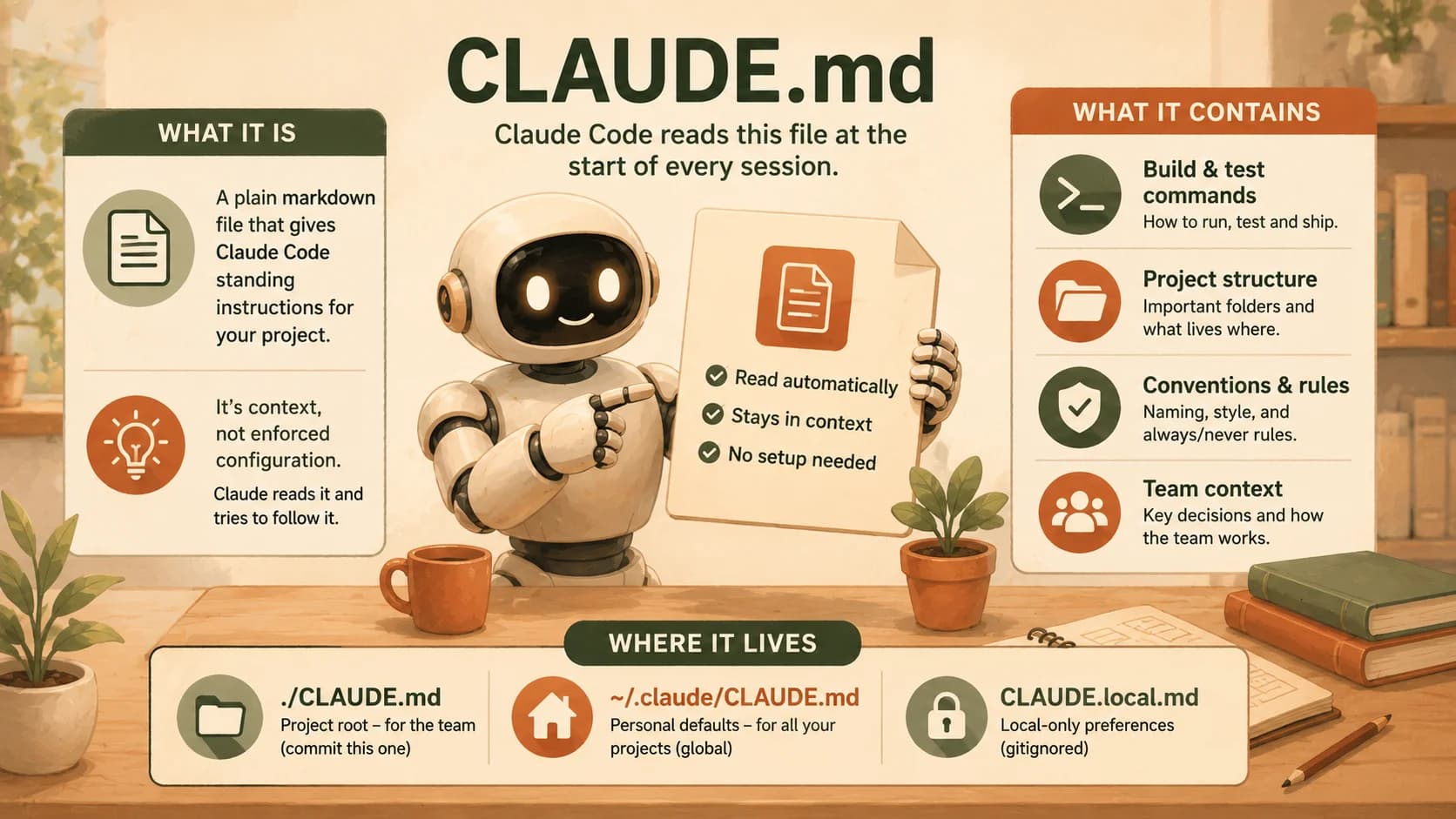 Infographic showing what CLAUDE.md is, what it contains, and the three places it can live