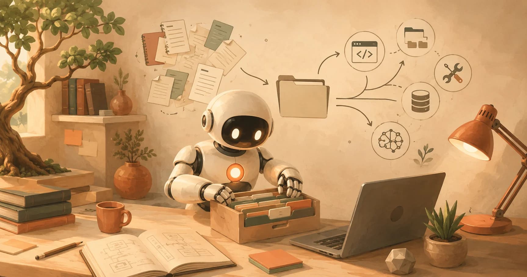 A robot pinning a single tidy one-page house rules card to the wall, trimming a thick binder down to one page