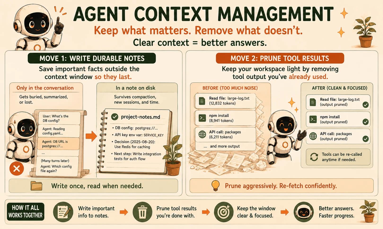 Infographic titled Agent Context Management showing Move 1, writing durable notes to a file so they survive, and Move 2, pruning tool output once it has already been used, with a before-and-after view of a cluttered versus clean tool-call list