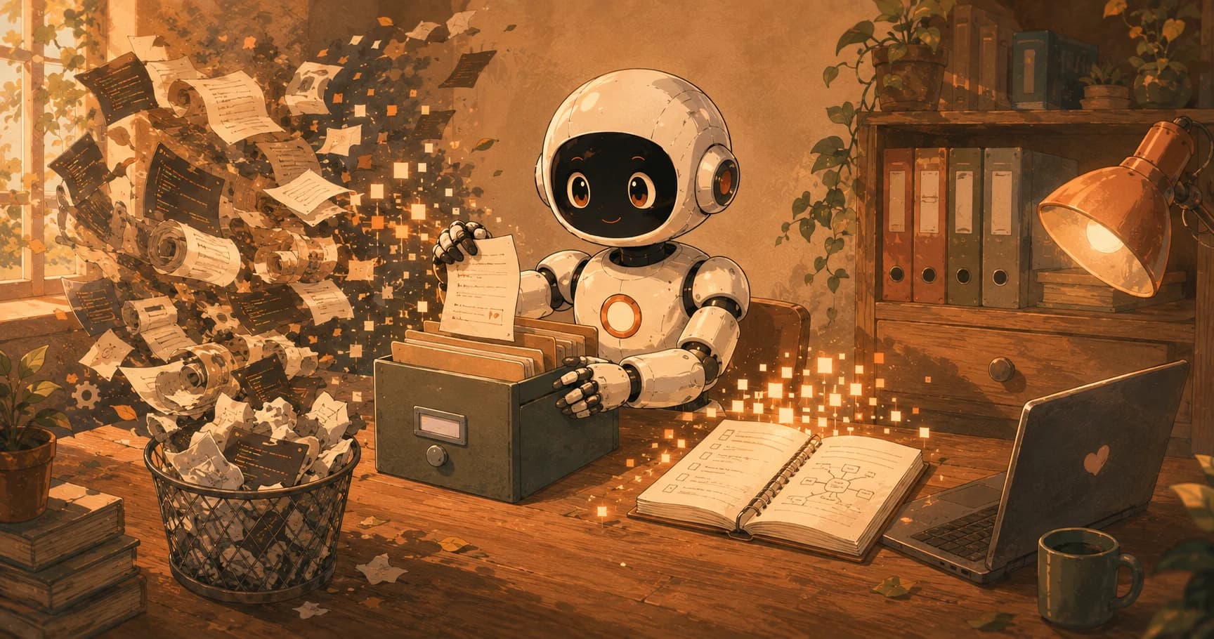 Cream-white robot moving finished paperwork off its small desk into a filing drawer and tossing spent scraps, keeping the desk clear to work