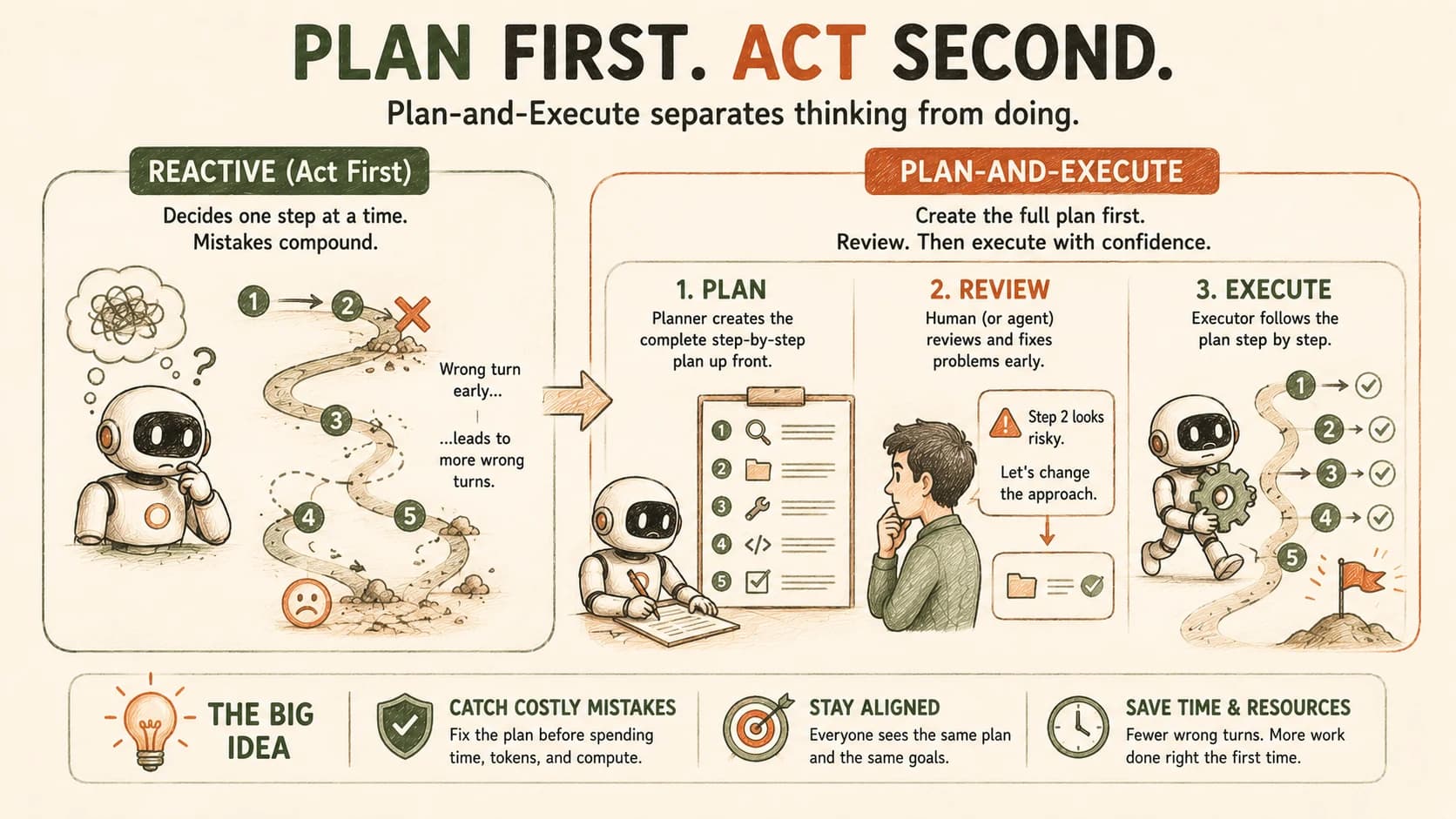 Side-by-side comparison of a reactive agent compounding a wrong turn versus a plan-and-execute agent's plan, review, and execute stages