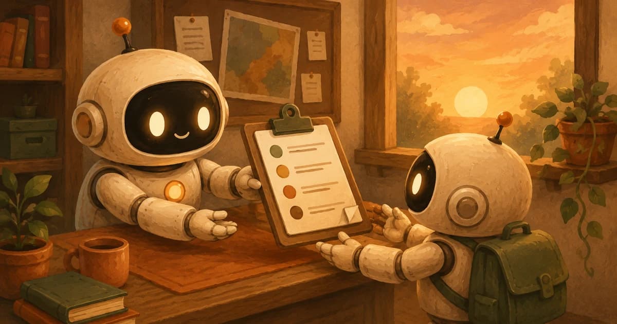 A cream-white robot leaving a handoff note on a clipboard for a second robot to continue the shift