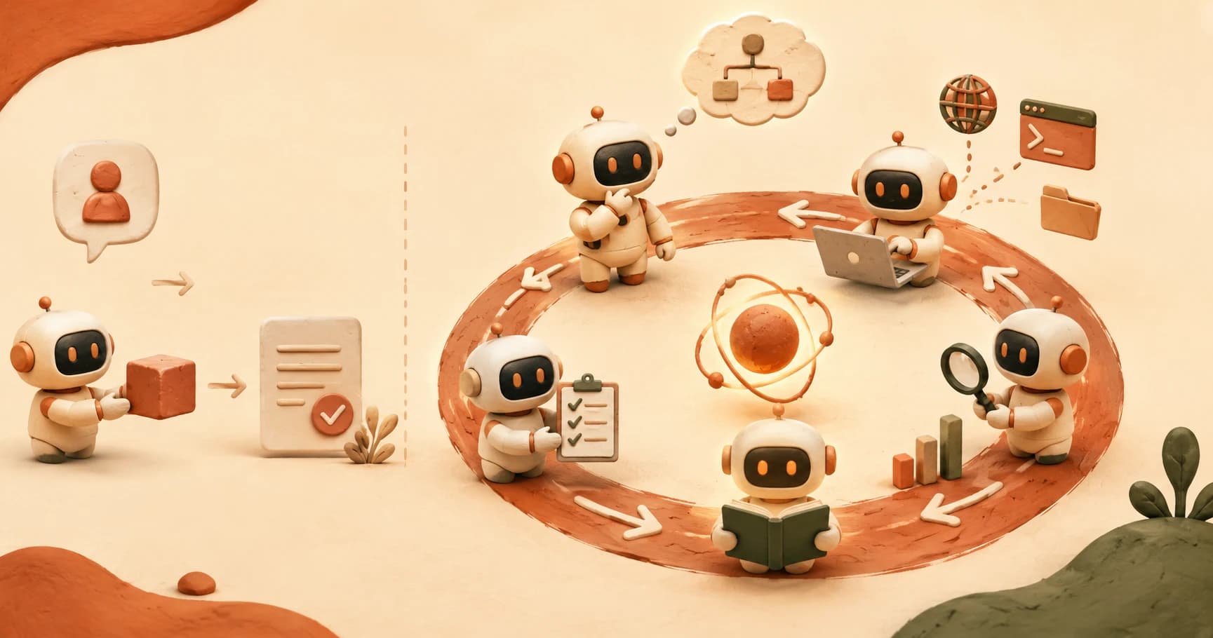 A single robot handing off a cube for a checked document beside a circle of robots looping through plan, act, observe, and decide