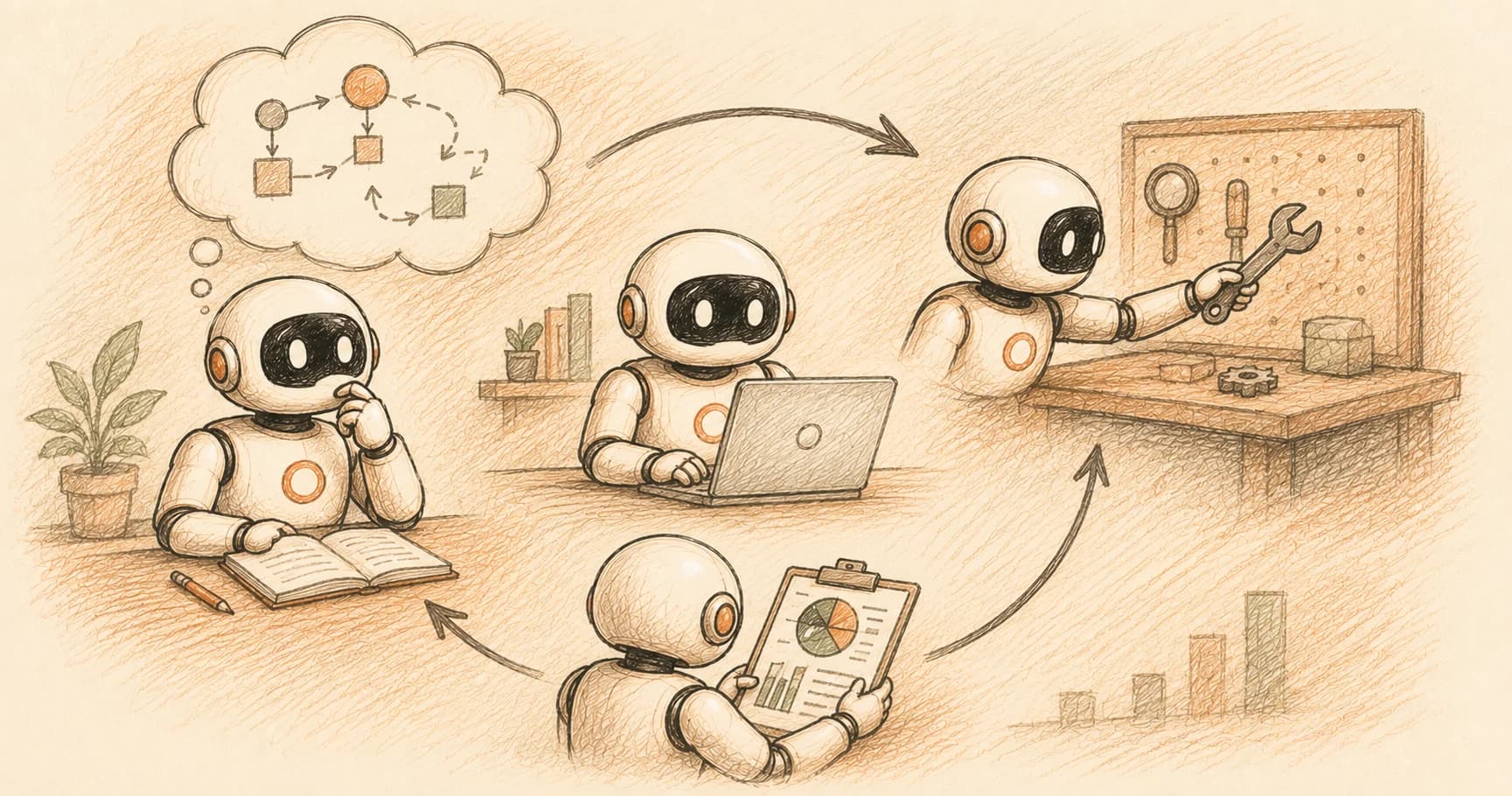 A cream-white robot illustration alternating between thinking and reaching for a tool on a workbench, connected by a small loop arrow