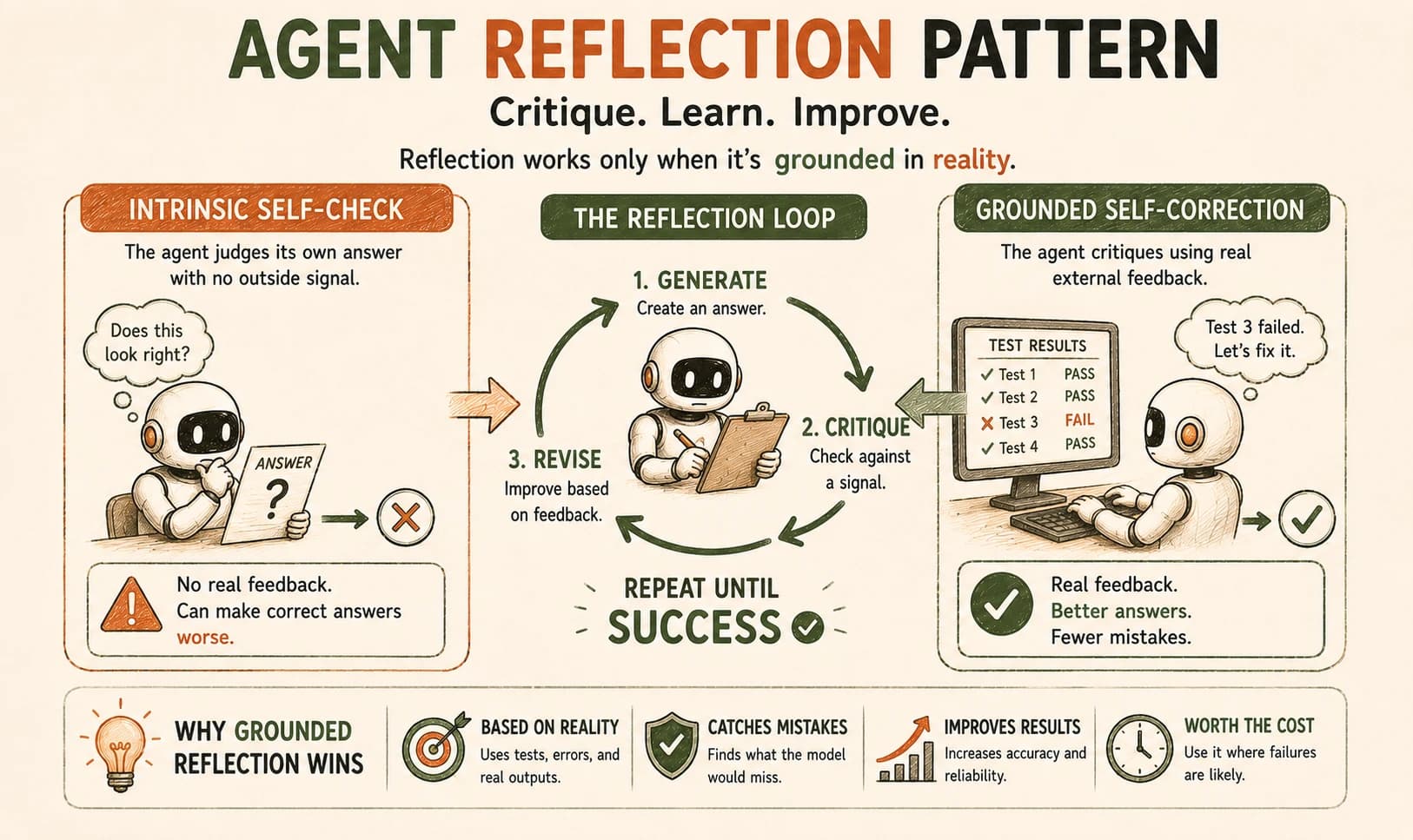 Diagram contrasting intrinsic self-check, which has no outside feedback and can make correct answers worse, against grounded self-correction, which revises based on real test results