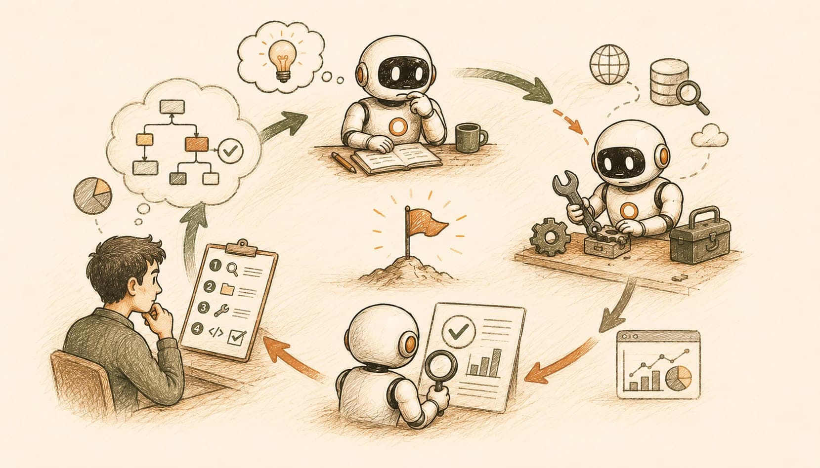 Illustrated workflow of an agent thinking, researching, building, and reviewing its own results in a loop, watched over by a person checking a task list