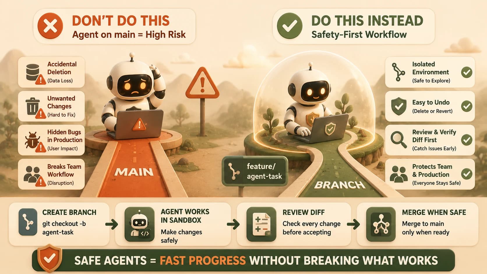Comparison of an agent working directly on main versus an agent working safely inside a feature branch