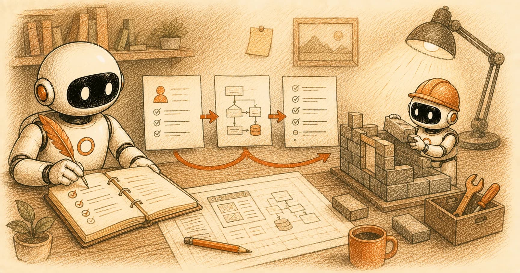 A robot writing a spec in a notebook while a second robot builds from blueprints on the desk