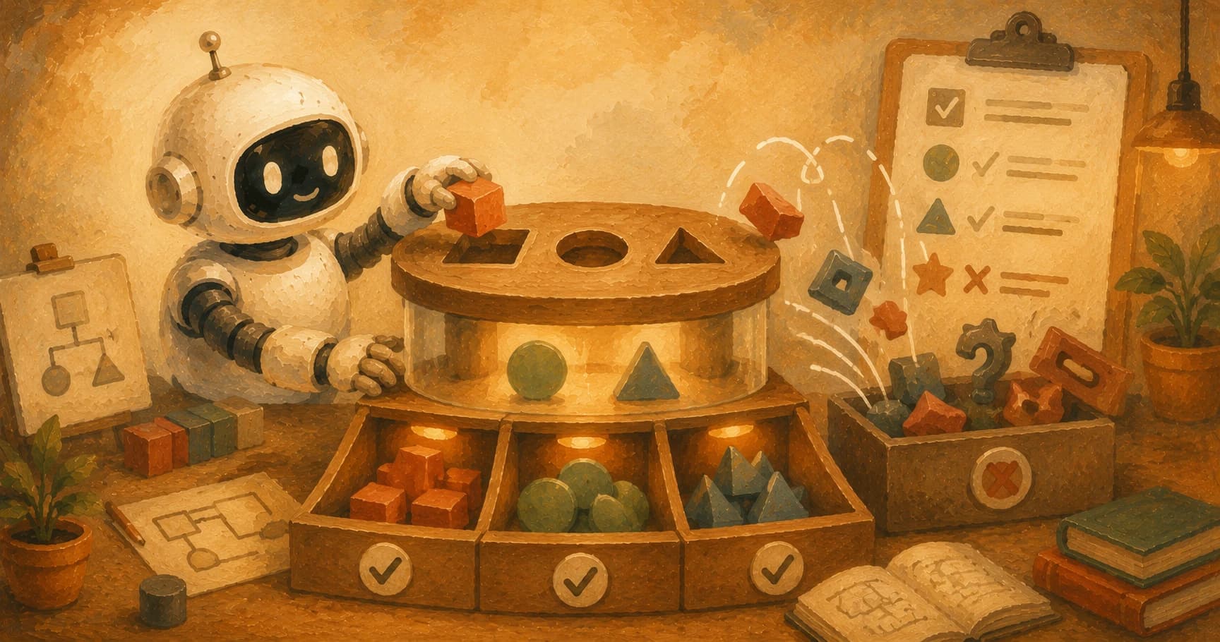 A robot sorting correctly shaped pieces through a lid while malformed ones bounce off