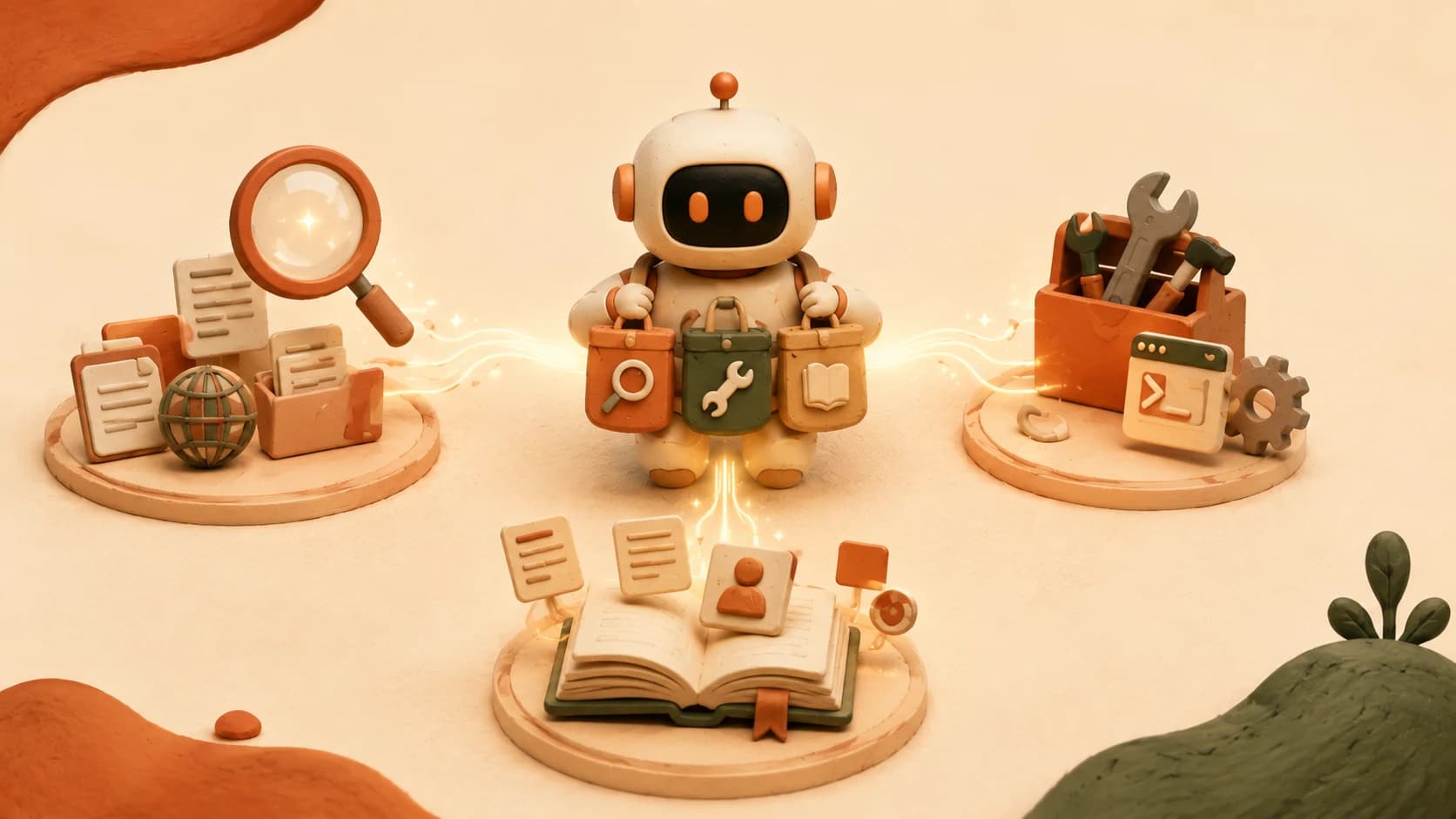 A robot wearing three labeled satchels representing retrieval, tools, and memory