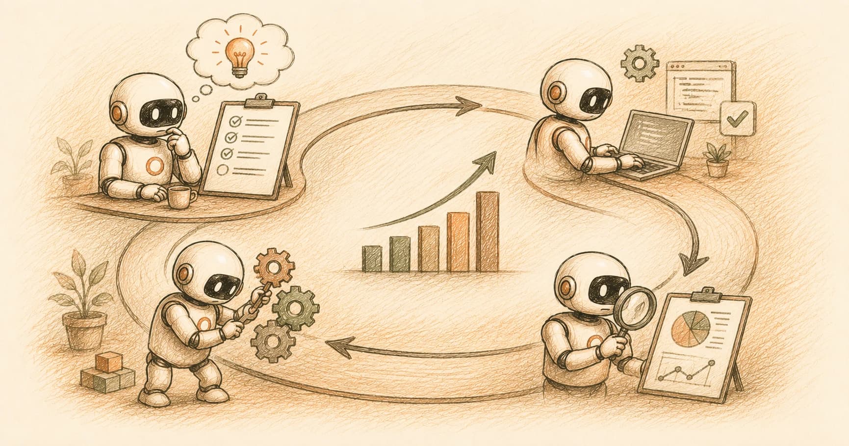 A cream-white robot nudging a small rising bar chart upward each lap around a loop track