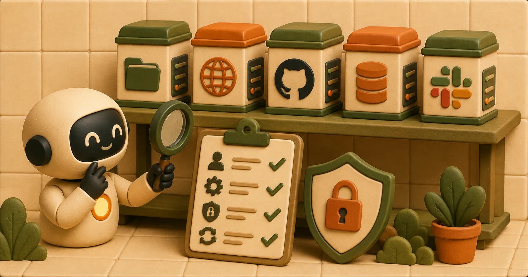 A robot browsing a shelf of server boxes and inspecting one's permission label with a magnifying glass