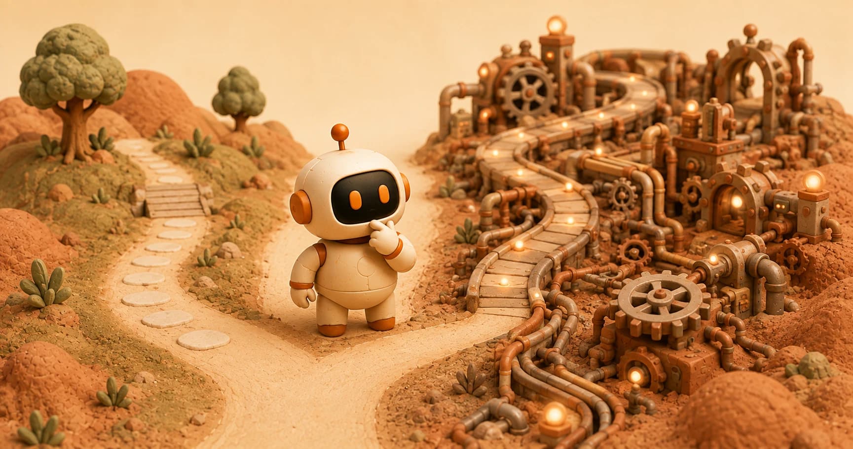 A robot pausing at a fork in the road, choosing a simple straight footpath over an elaborate winding machine path