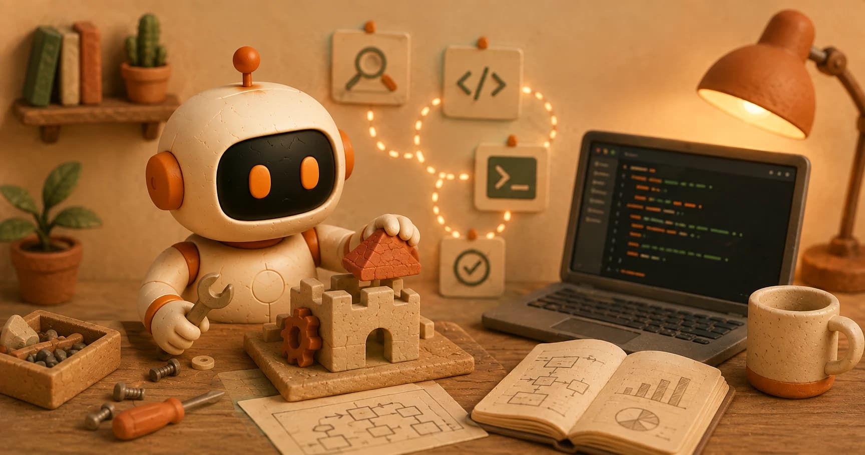 An illustrated robot proudly looking at a small structure it just finished assembling, with a dotted trajectory line looping back through its steps