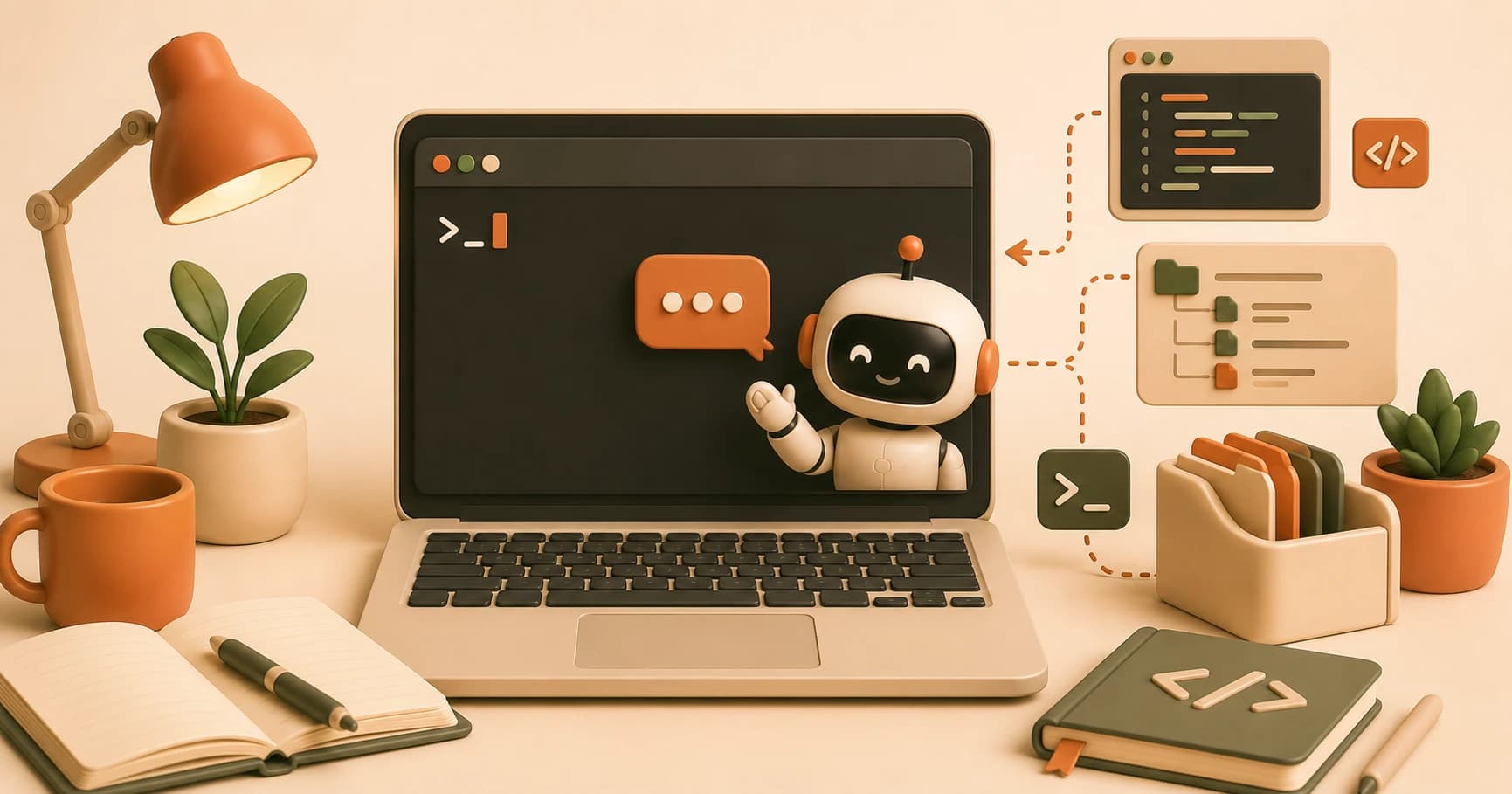 A terminal window with a conversational chat bubble emerging from the command line