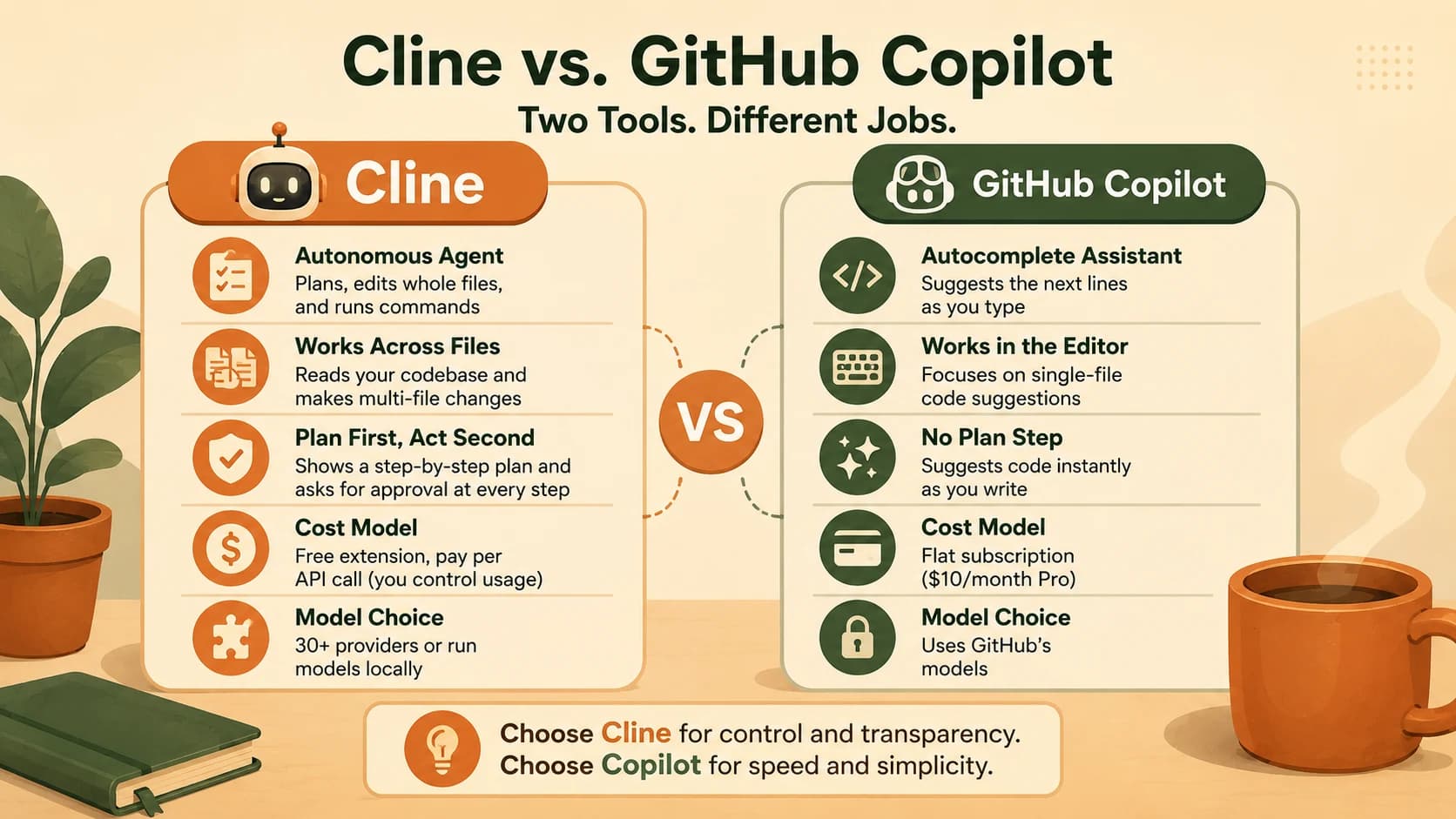 Side-by-side comparison of Cline and GitHub Copilot showing autonomous agent vs autocomplete, cost model, and model choice differences