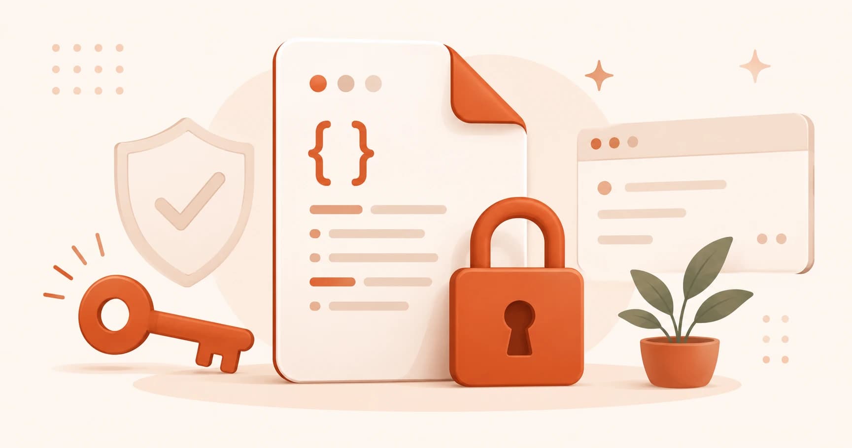 A padlocked file icon on a warm cream background representing safe API key storage in a .env file