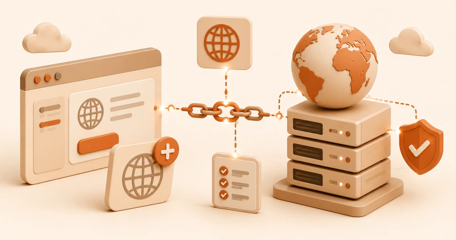 A browser window and a domain icon linked by a chain to a stack of servers under a globe, with a security shield confirming the connection