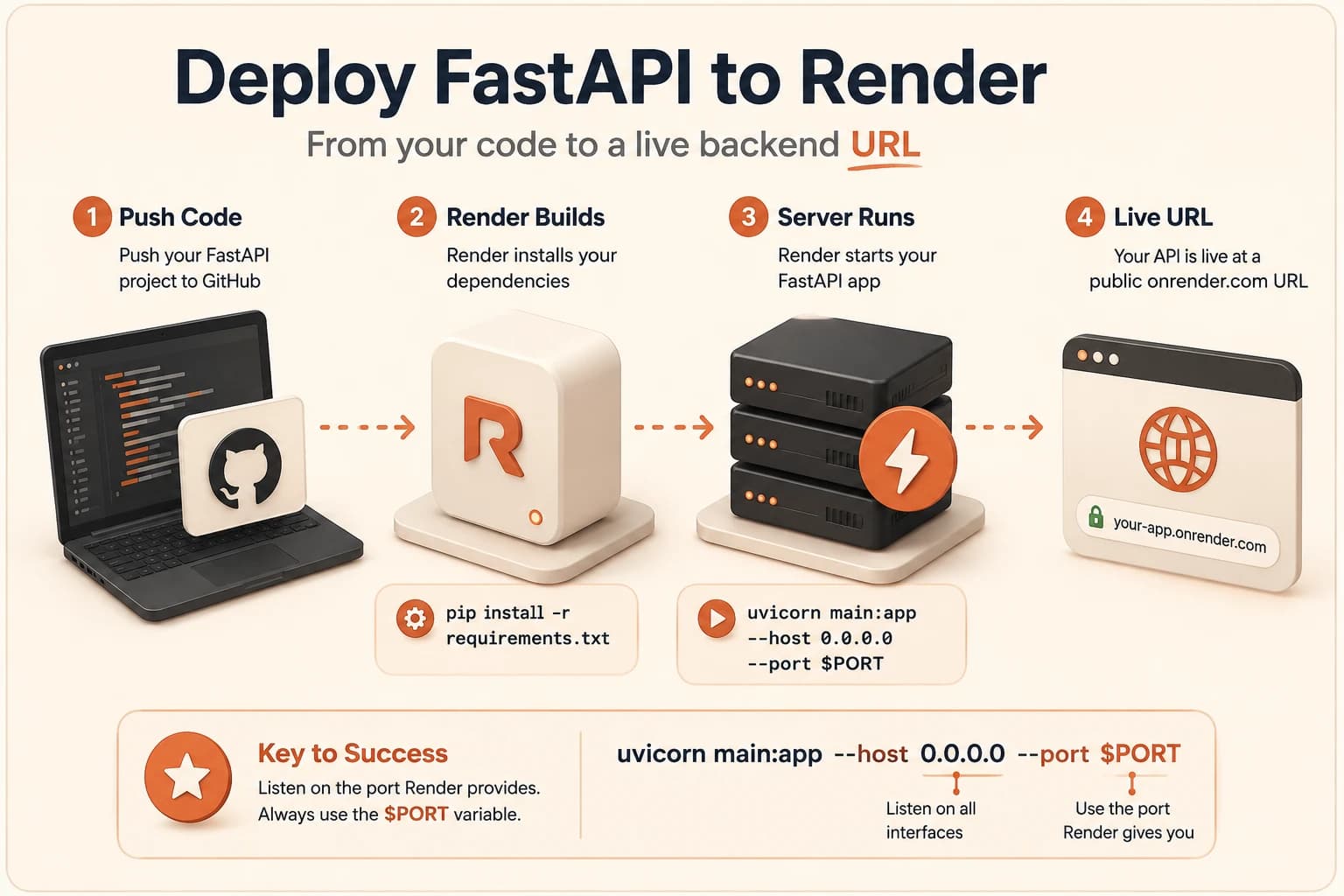 A deploy flow from a GitHub repository, through a build step and a run step, to a live onrender.com URL