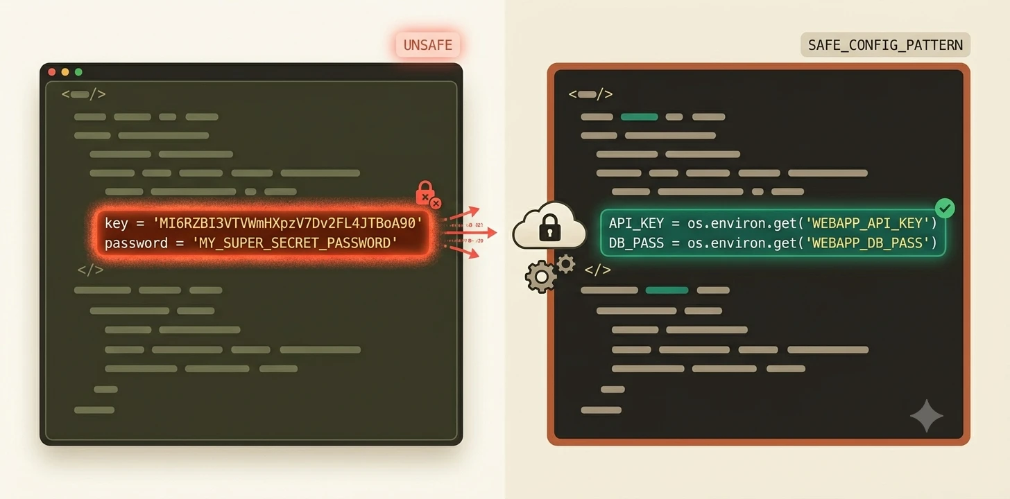 Split illustration showing a dangerous hardcoded API key in code on the left and a safe environment variable reference on the right