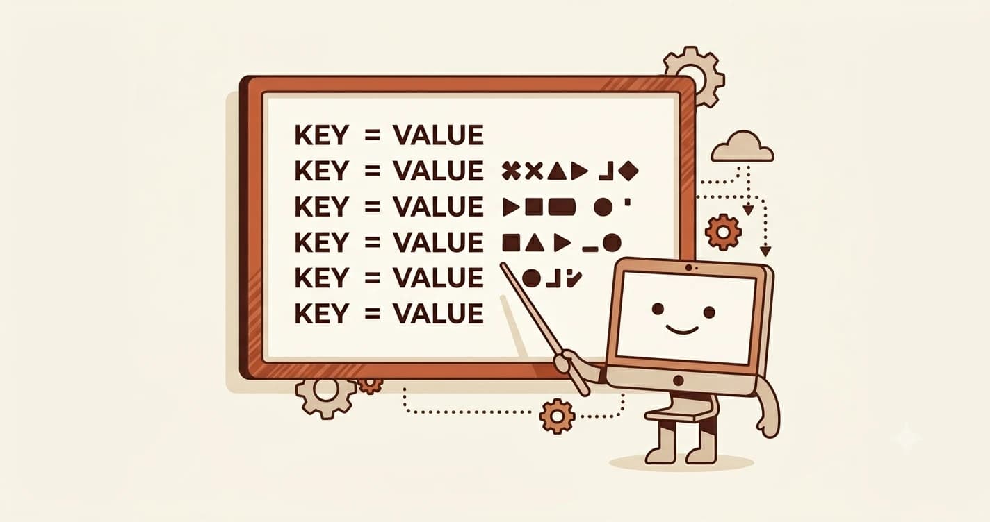Illustration of a whiteboard with key-value pairs that a computer character is reading from