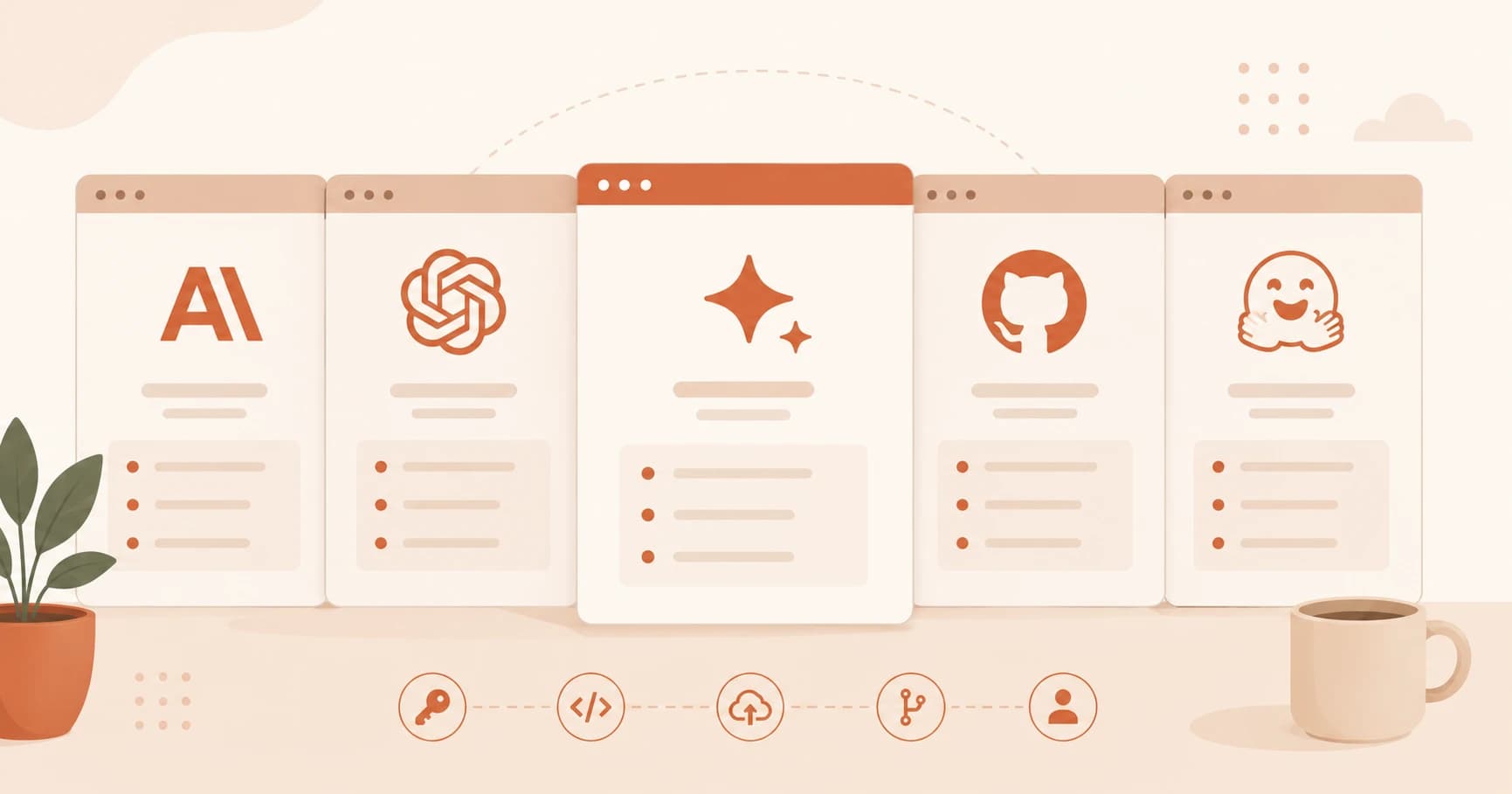 Five browser tabs representing the five free AI developer accounts: Anthropic, OpenAI, Google AI Studio, GitHub, and Hugging Face