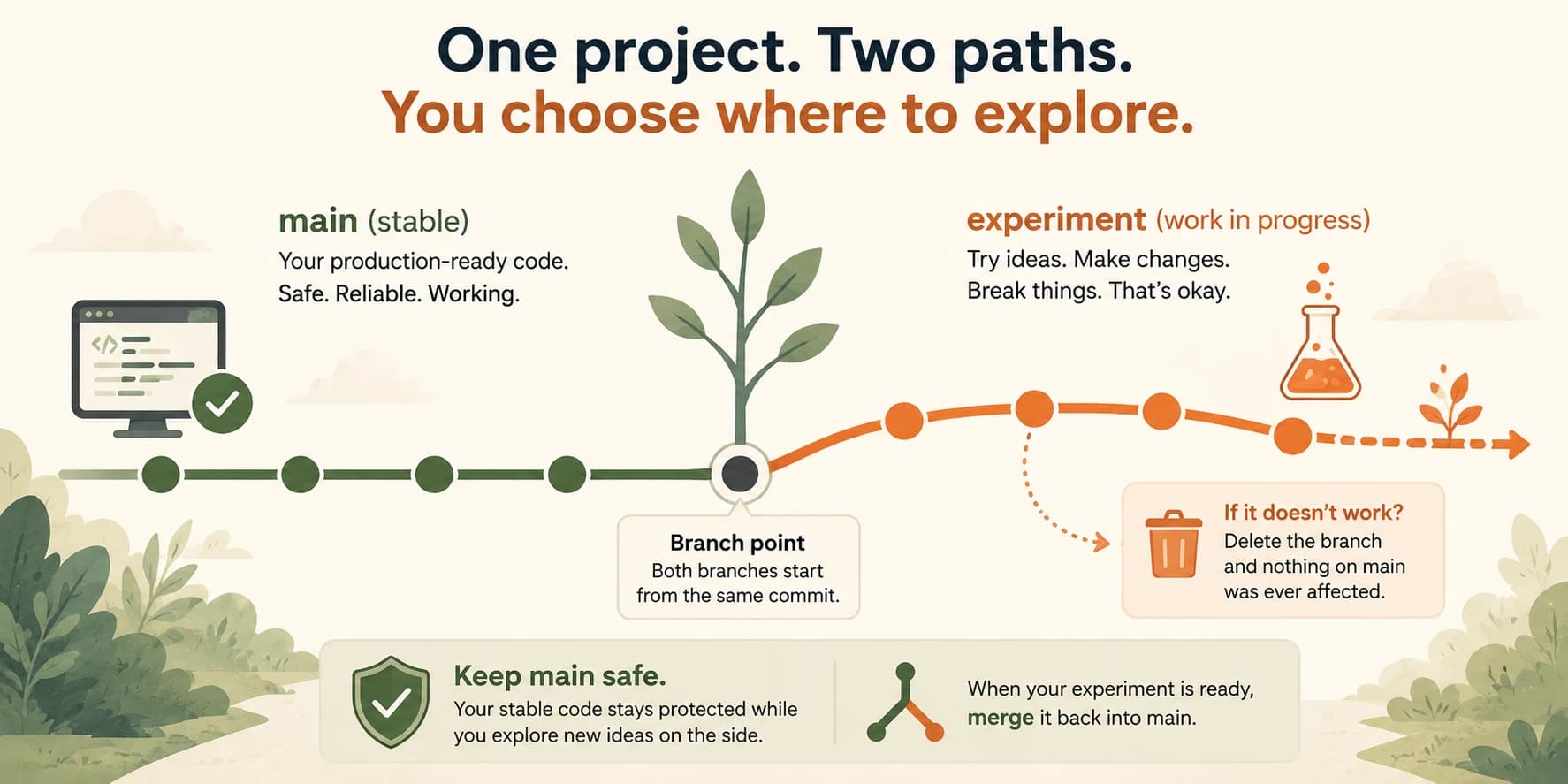 Two parallel timelines branching from a single point, one stable and one experimental