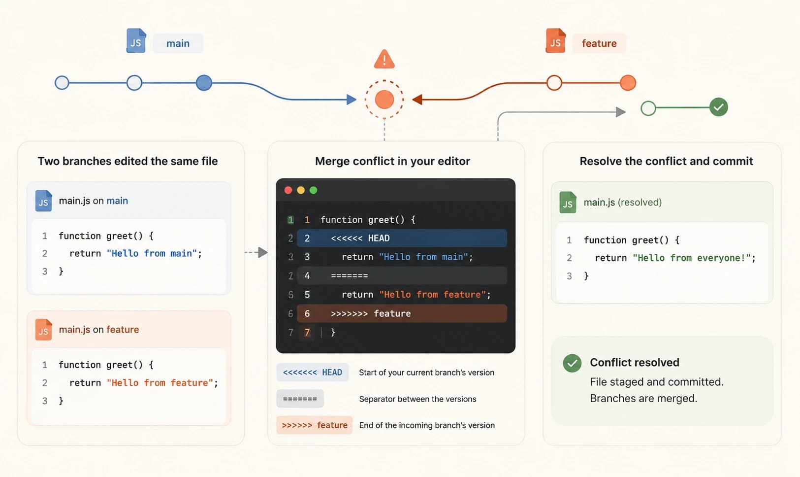 Diagram showing two branches editing the same file, the resulting conflict markers in an editor, and the resolved file after choosing a version