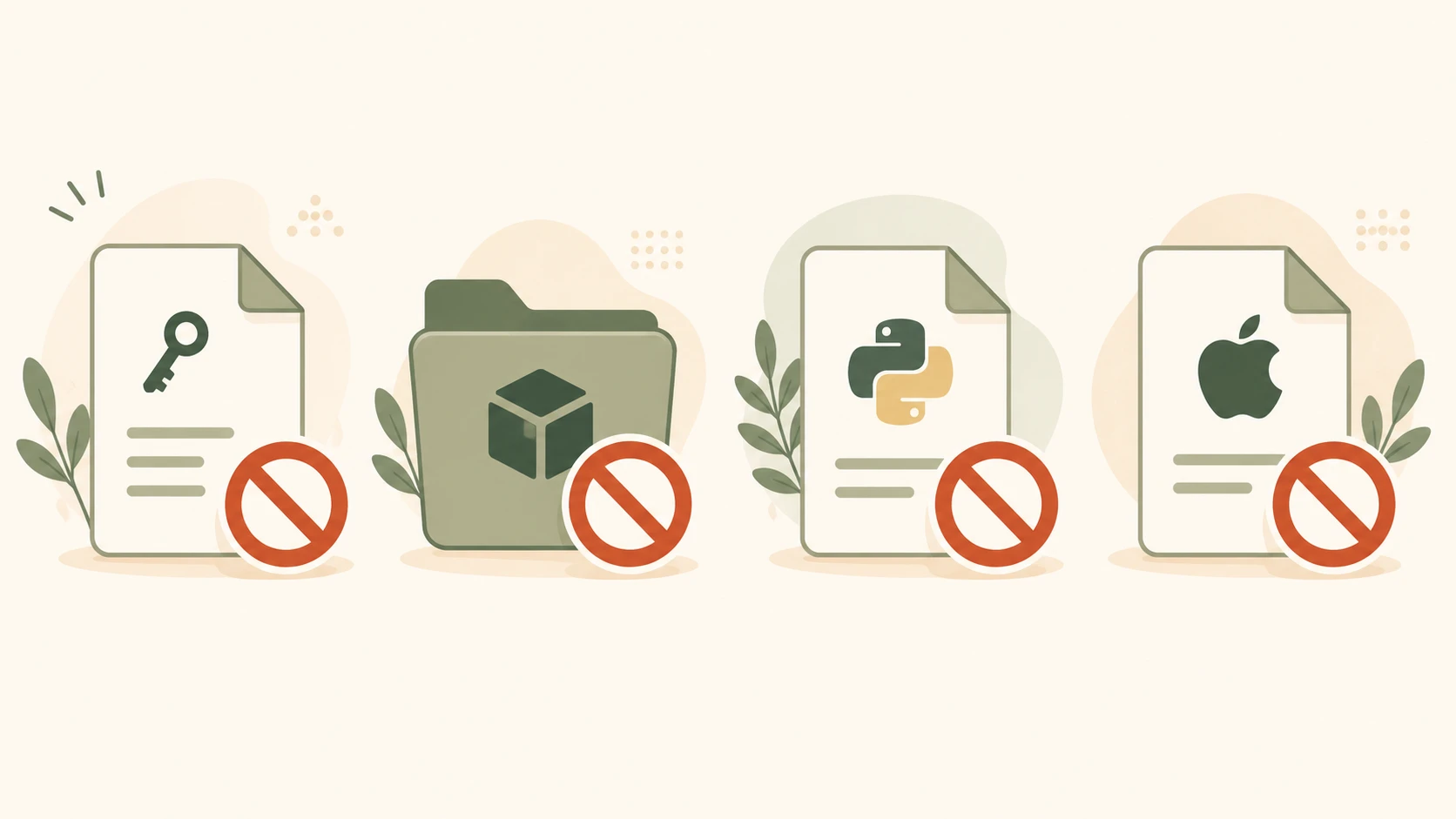 Four file icons — .env, node_modules, __pycache__, and .DS_Store — each blocked from being committed