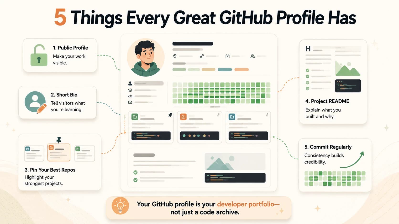Five illustrated elements of a strong GitHub profile: avatar, bio, pinned repos, README, and commit activity