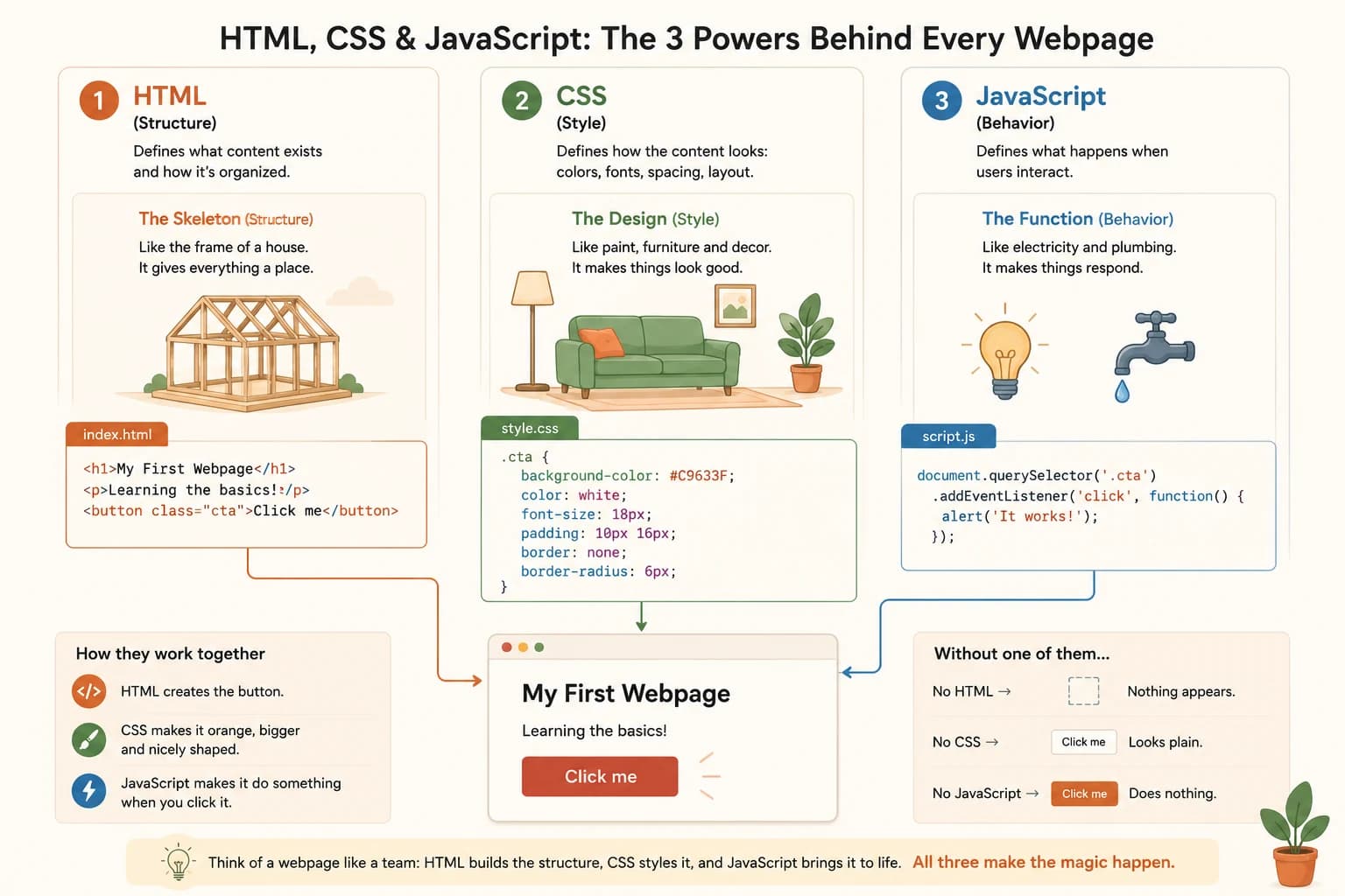 Diagram of HTML, CSS, and JavaScript each contributing code that builds one working button