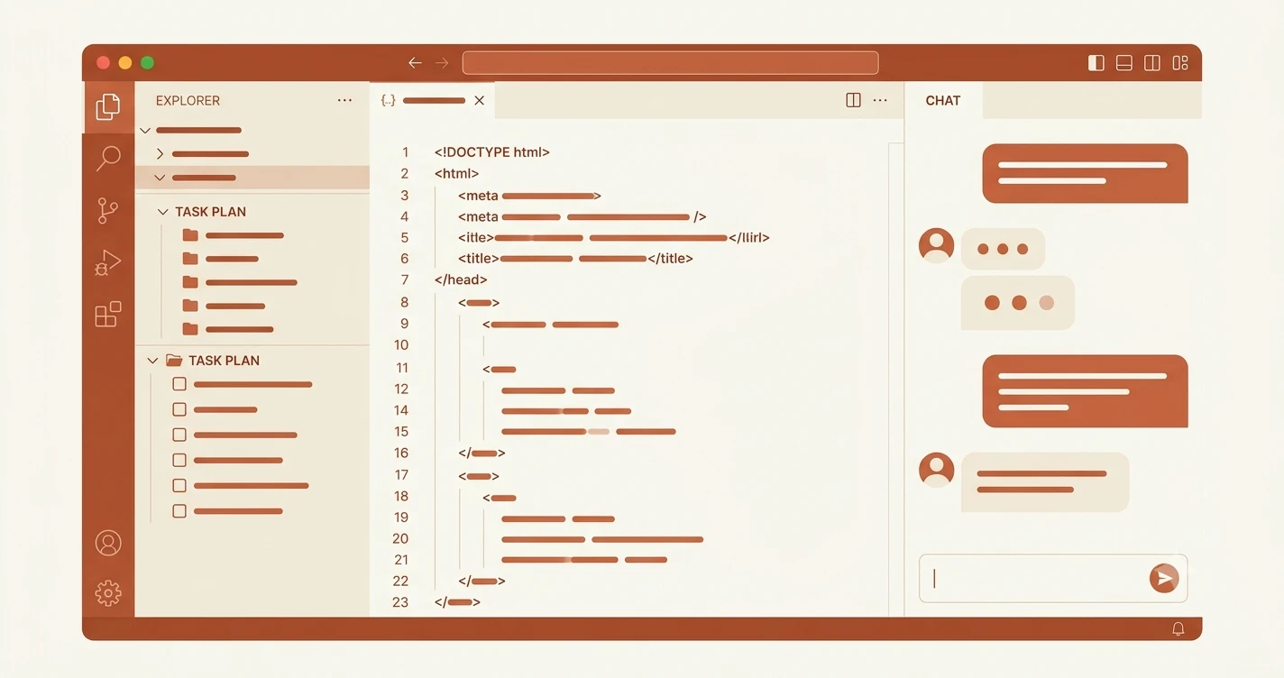 Editorial flat illustration of a code editor with a chat panel on the right and a task plan list on the left suggesting agent mode