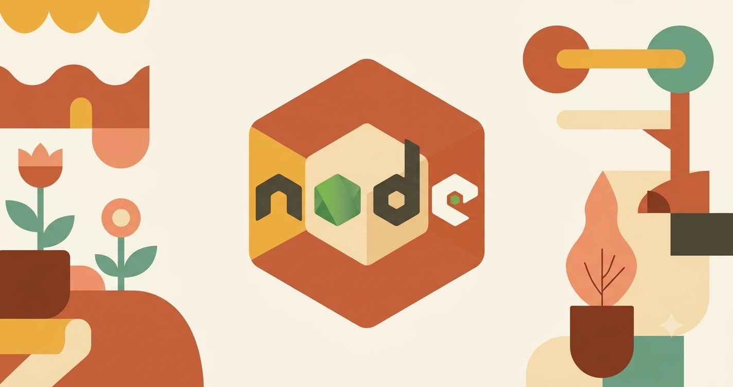 Geometric flat illustration of a hexagonal shape representing Node.js on a warm cream background with clay accent colour