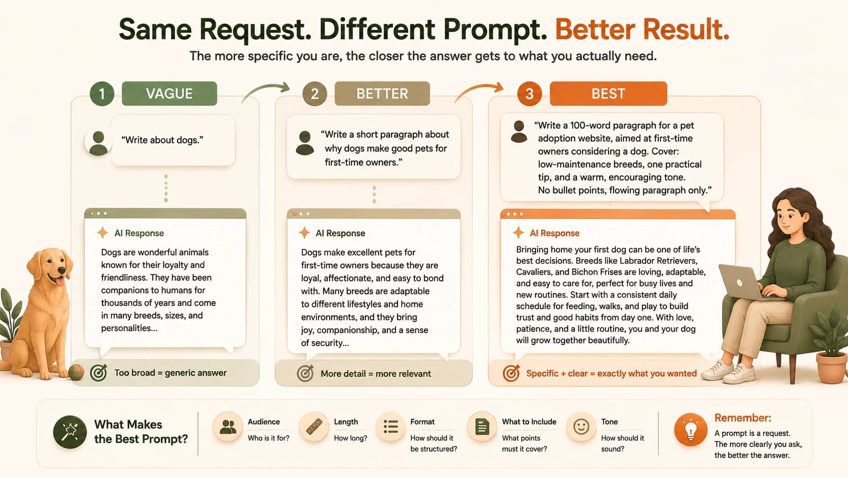Three prompt cards side by side growing from vague to better to best, each more detailed than the last