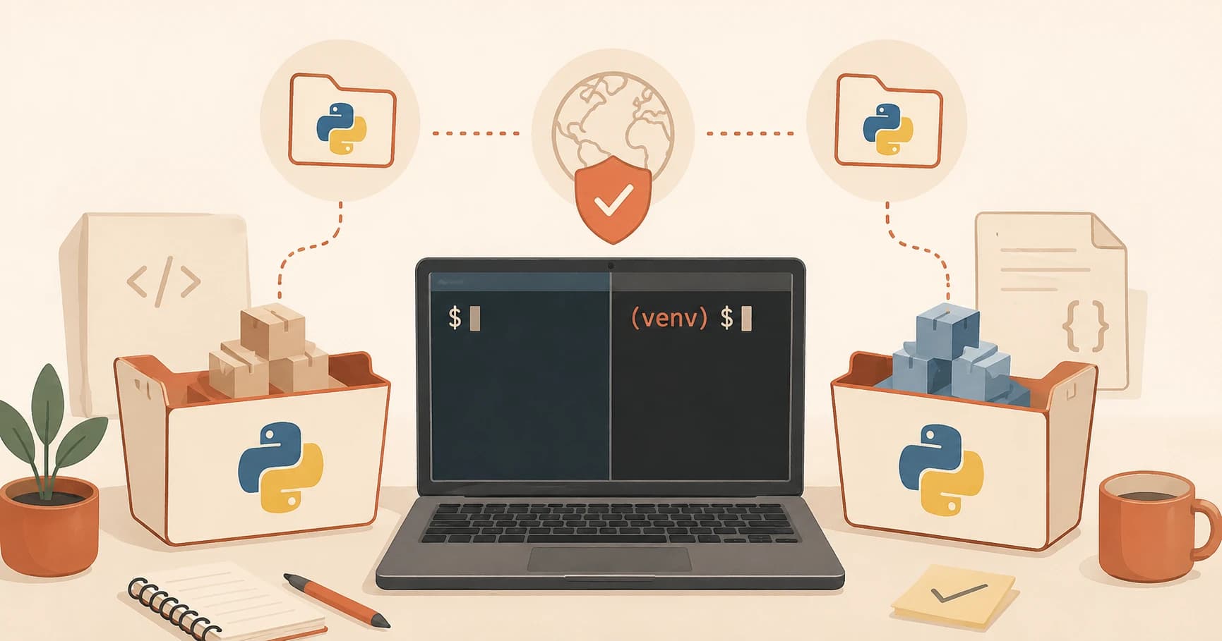 Two separate folders side by side, each holding its own Python logo and package icons, clay accent outlines