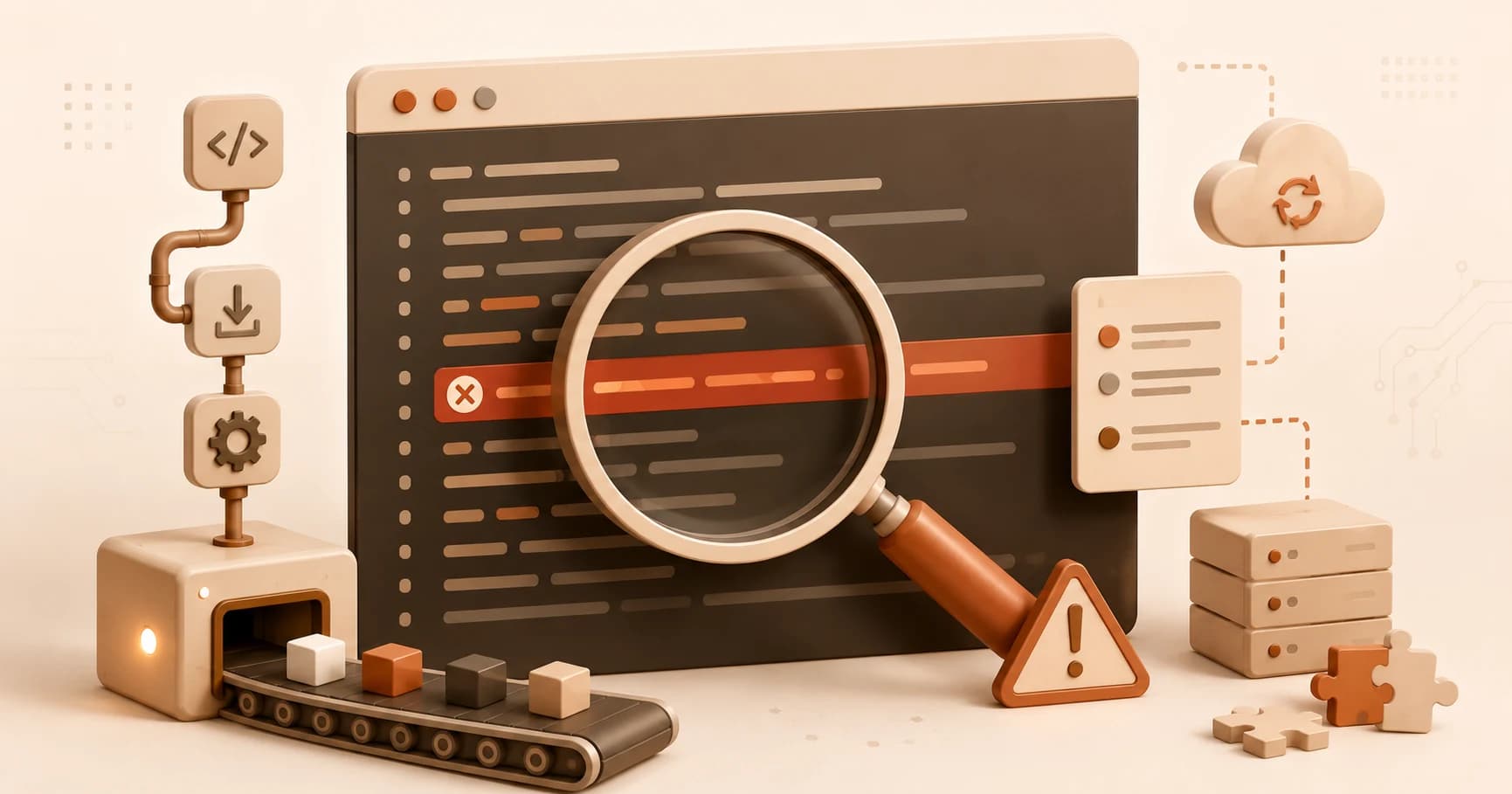A magnifying glass focused on one red highlighted line within a long scroll of log text