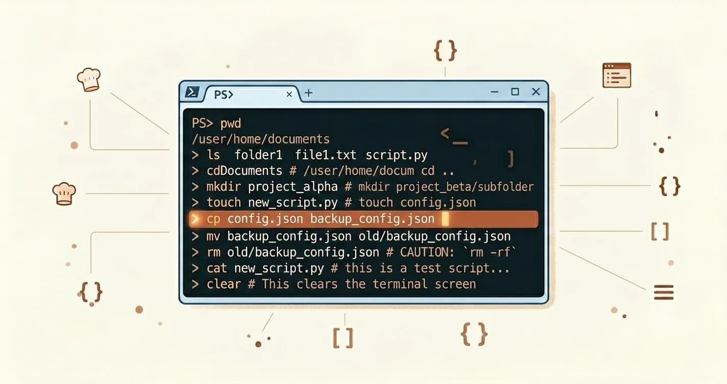 Terminal window showing a clean list of typed commands with an active line highlighted in clay orange against a warm cream background