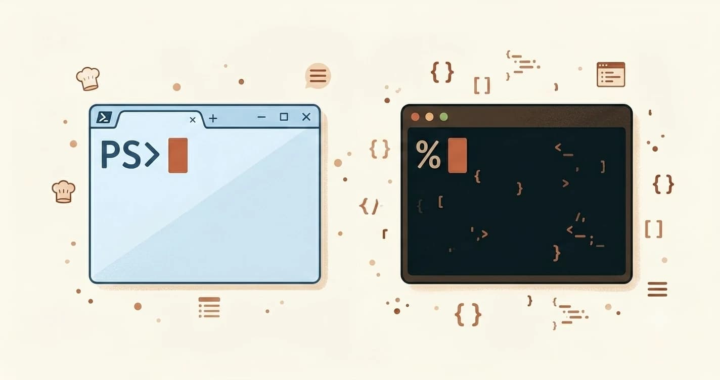 Two terminal windows side by side — Windows PowerShell and Mac terminal — on a warm cream background