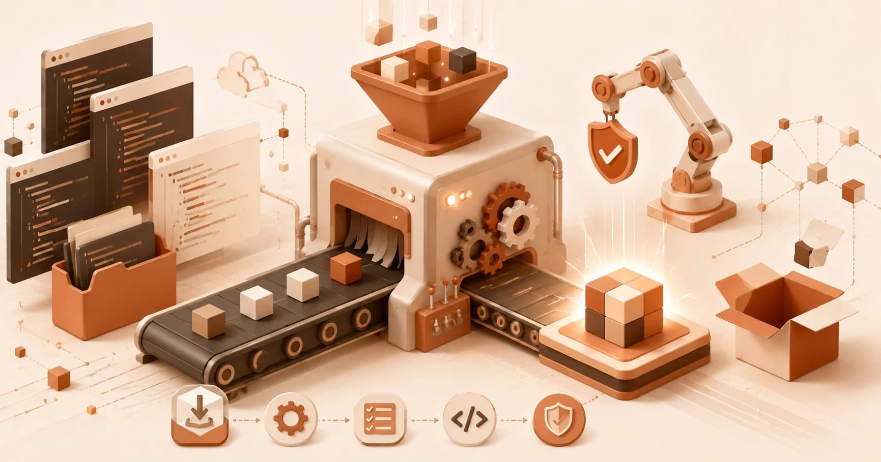 Diagram explaining what happens during a build process, from source code through install, transform, and error checks to production-ready output