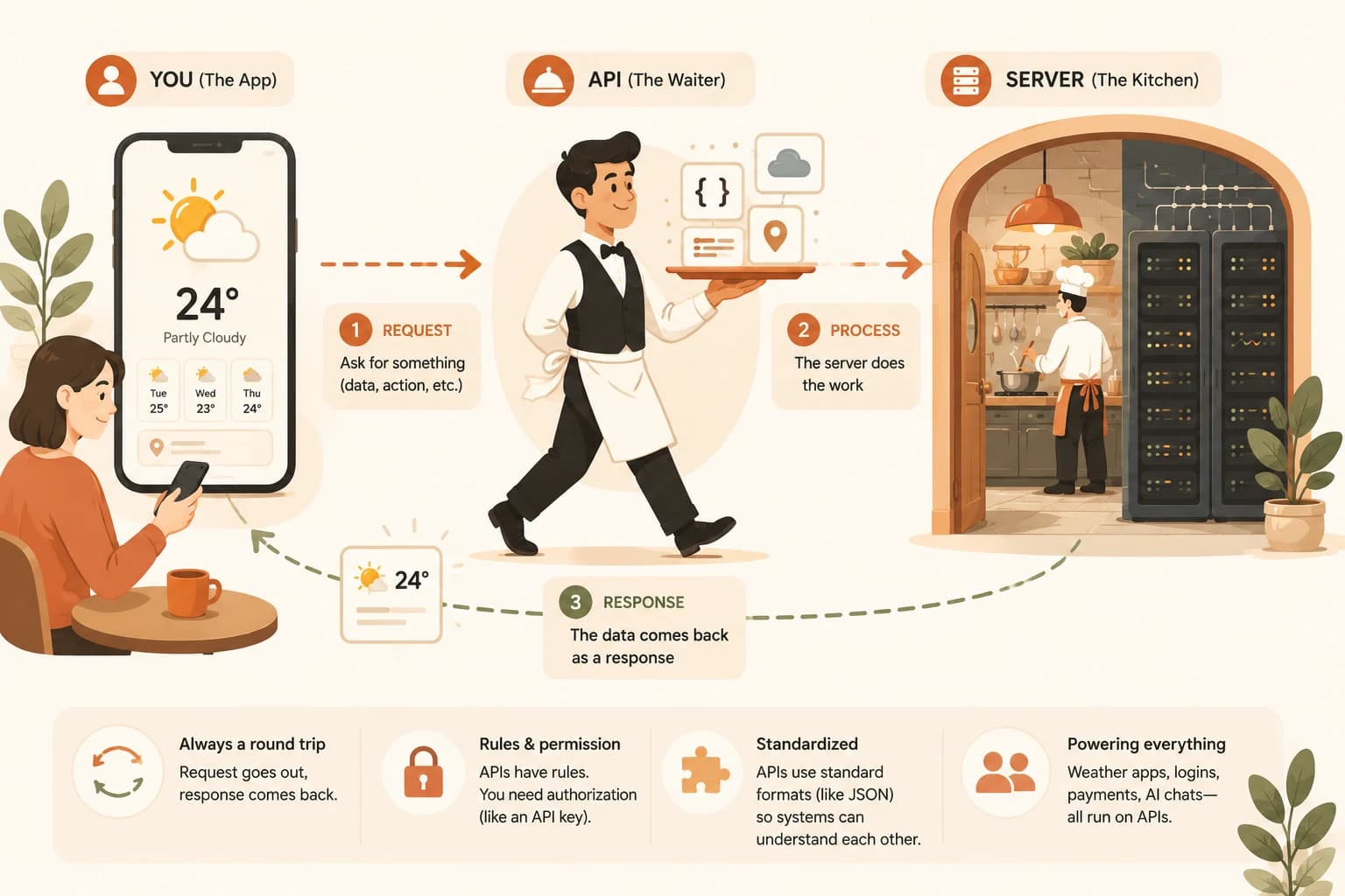 Diagram showing a weather app request traveling through an API waiter to a server kitchen and back as a response