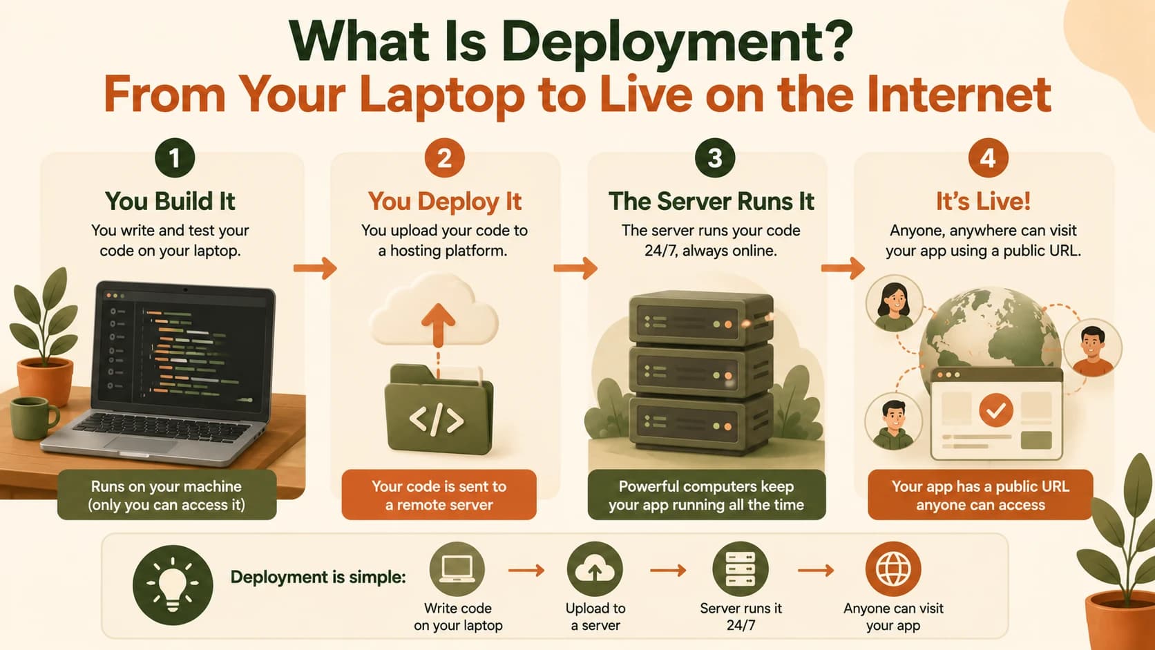 A four-step infographic showing code moving from a laptop to a server to a live public URL, labeled You Build It, You Deploy It, The Server Runs It, and It's Live