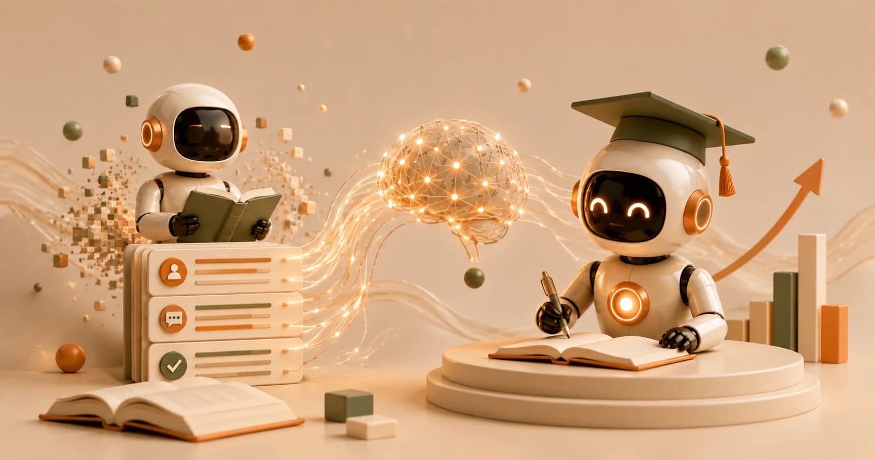 A general robot reading a wide range of books on the left, connected through a glowing neural network to a specialized robot in a graduation cap writing confidently on the right