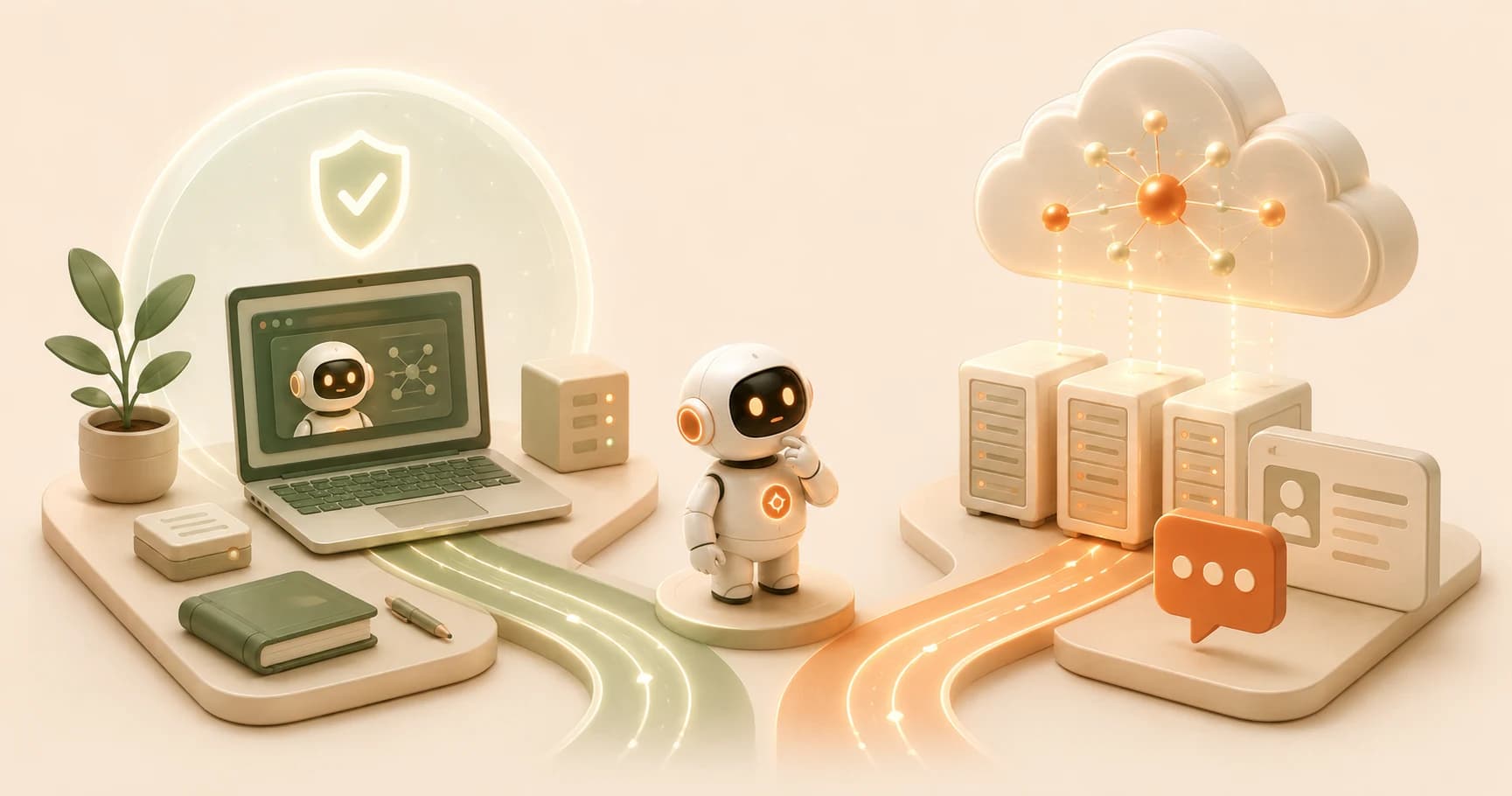 A robot standing between two glowing paths, one leading to a laptop and private local server with a privacy shield, the other leading to a cloud connected to remote data center racks