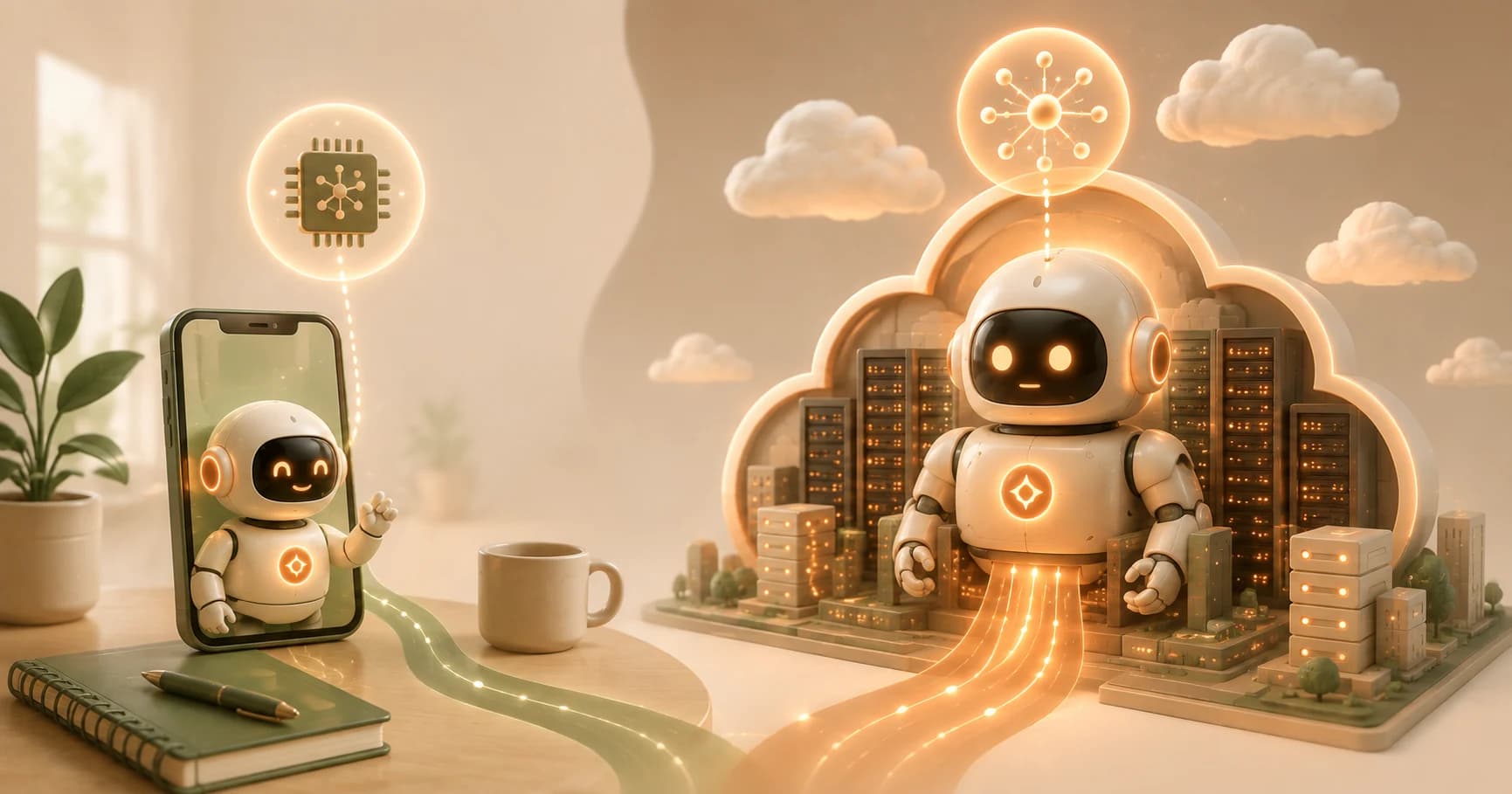 A small robot standing on a phone with a privacy shield, next to a much larger robot standing in front of cloud data center racks