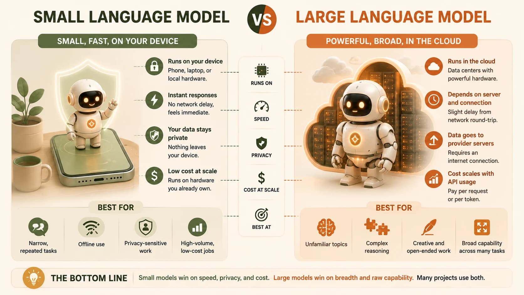 Side-by-side comparison: small language model running on-device with instant responses and privacy, versus large language model running in the cloud with broader capability and higher cost at scale