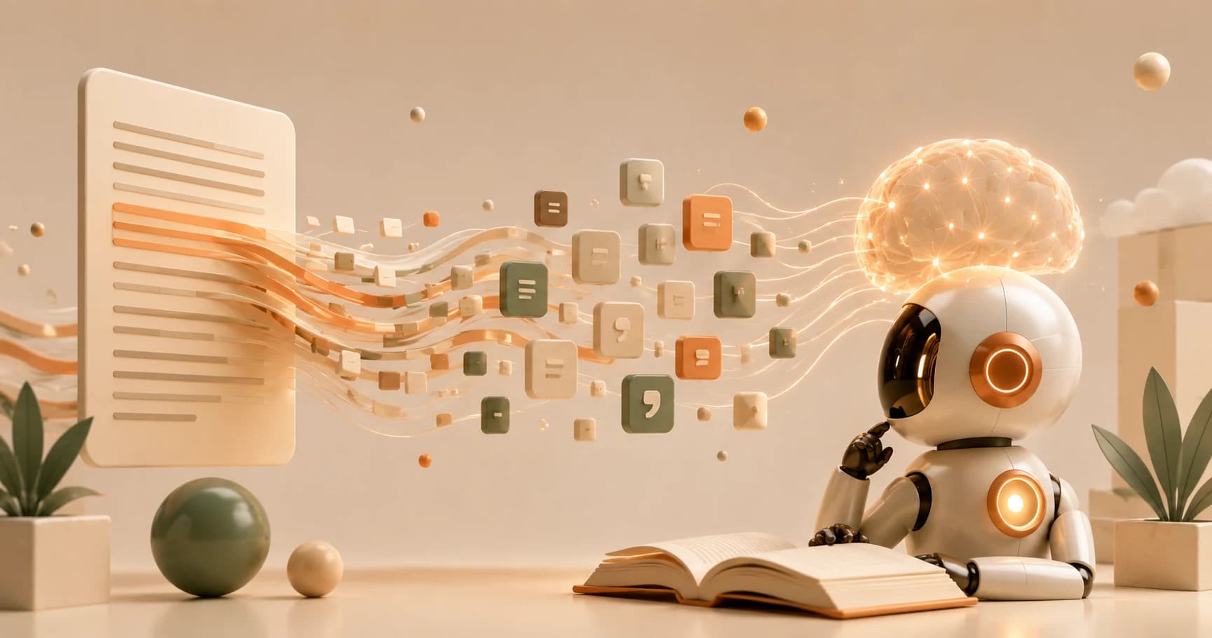 A robot reading a book while a document breaks apart into floating punctuation and text fragments flowing toward its glowing brain