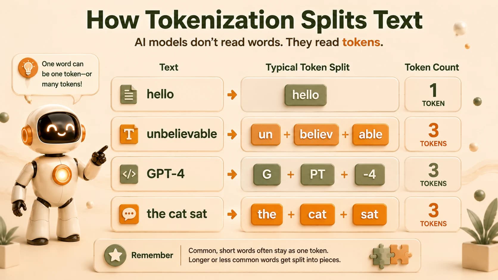 Infographic titled How Tokenization Splits Text, showing hello staying as one token while unbelievable, GPT-4, and the cat sat each split into three
