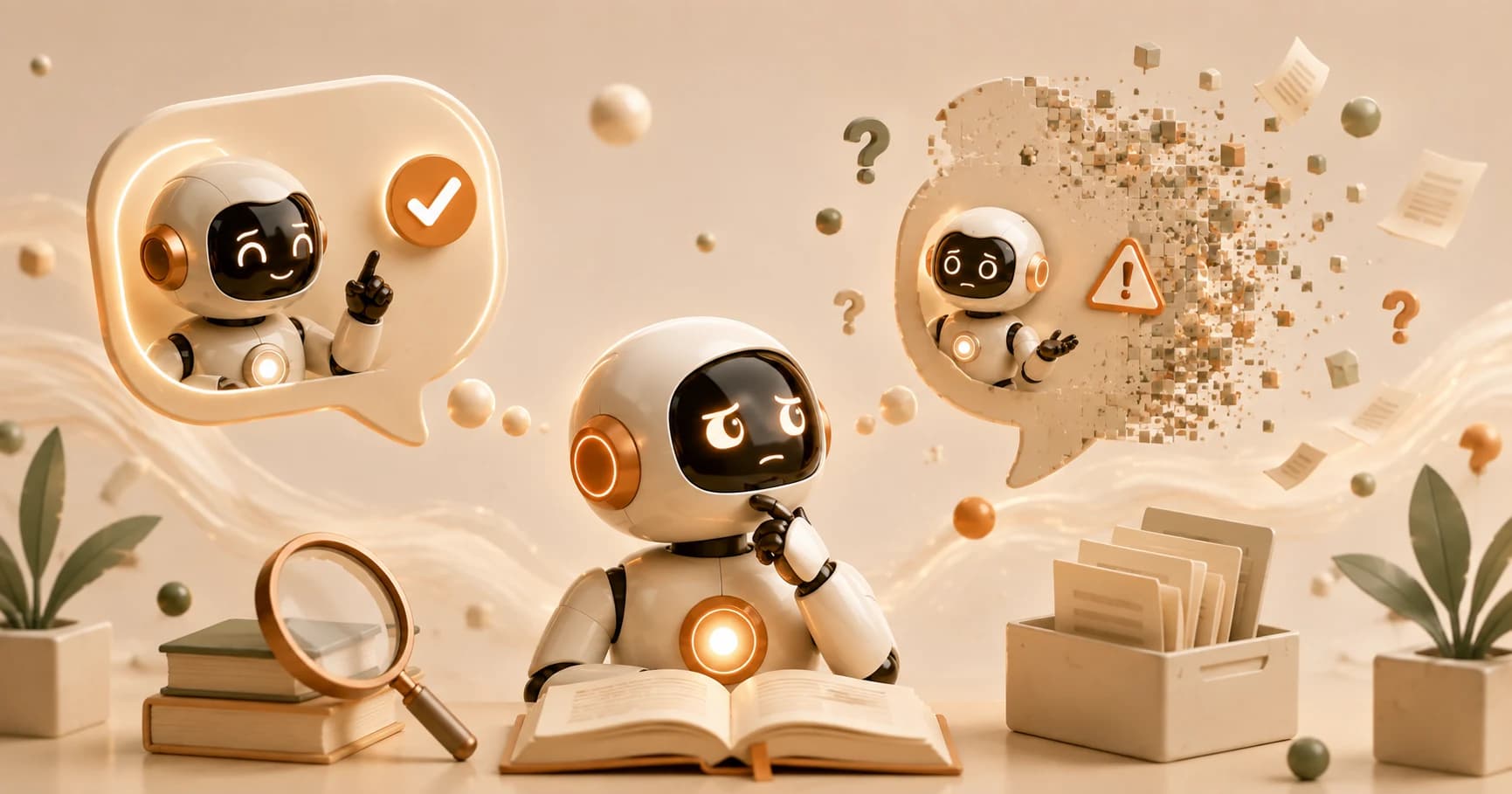 A robot thinking, flanked by one confident correct answer and one answer crumbling into pixelated fragments and warning marks