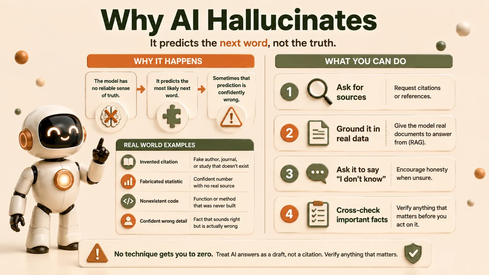 Infographic titled Why AI Hallucinates, showing the mechanism (no sense of truth, predicts the next word, sometimes confidently wrong), four real-world examples, and four ways to reduce it
