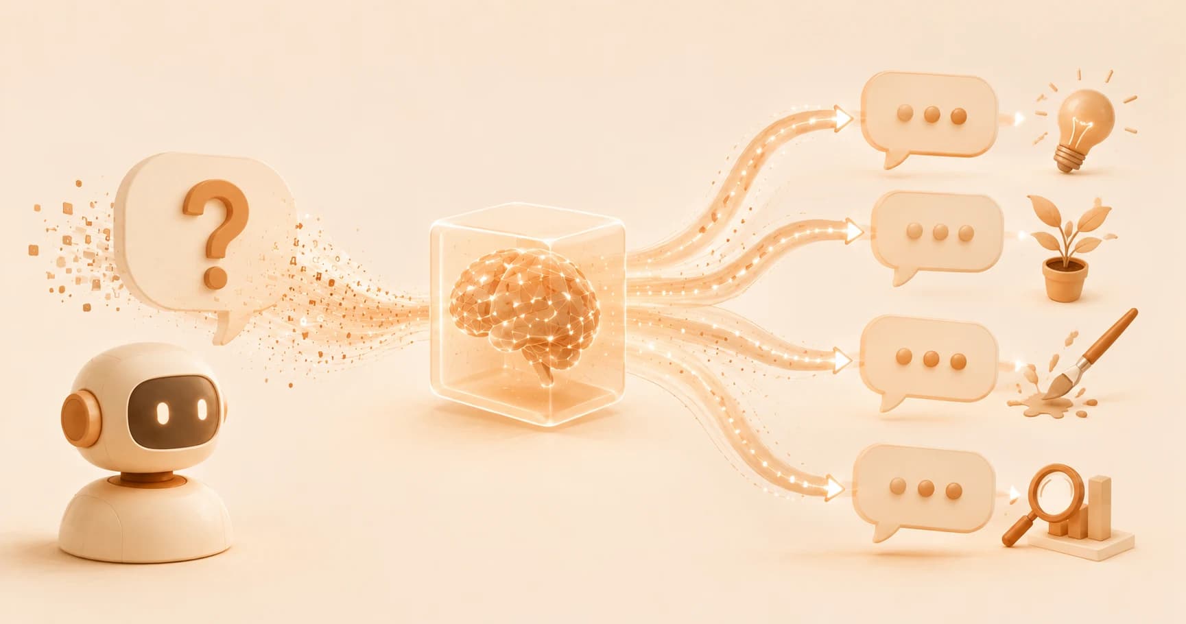A robot asking a question that flows into a glowing brain in a box, branching out into four different answer bubbles each next to a different creative icon